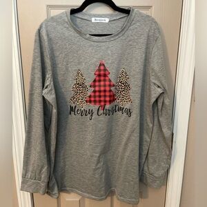 Beopjesk Merry Christmas heather gray long sleeve t-shirt 3 trees leopard plaid